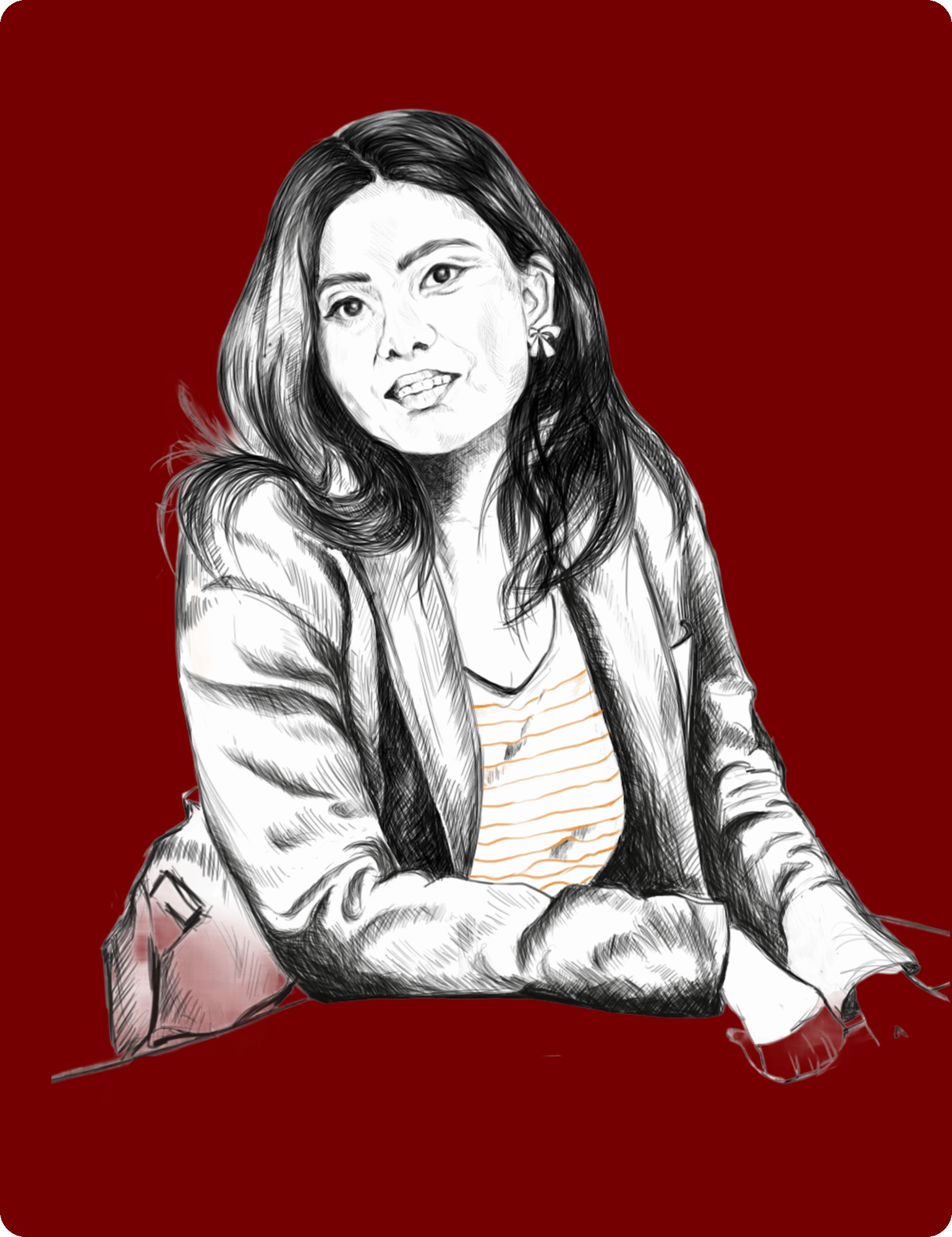 Hand-drawn ink portrait of Mayuri Dutta on an oxblood red card